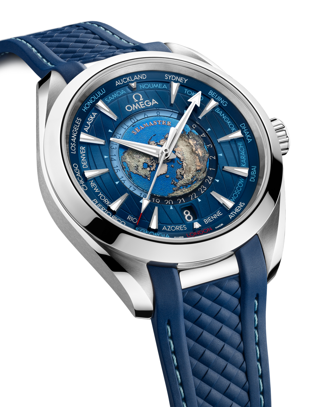 Men's Blue Dial World Time Automatic Watch with Date - Blue Rubber Strap GMT Travel Watch