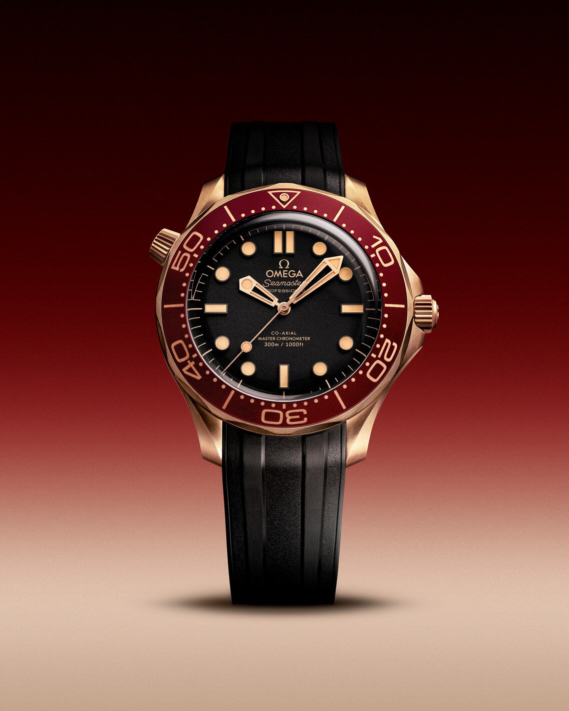 Men's Black Dial Diver Automatic Watch - Burgundy Bezel - Black Rubber Strap - Rose Gold Case - 300M