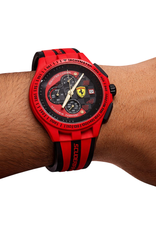 ACCHA TIME Scuderia Ferrari red chronograph watch with black carbon fiber dial and rubber strap on a wrist
