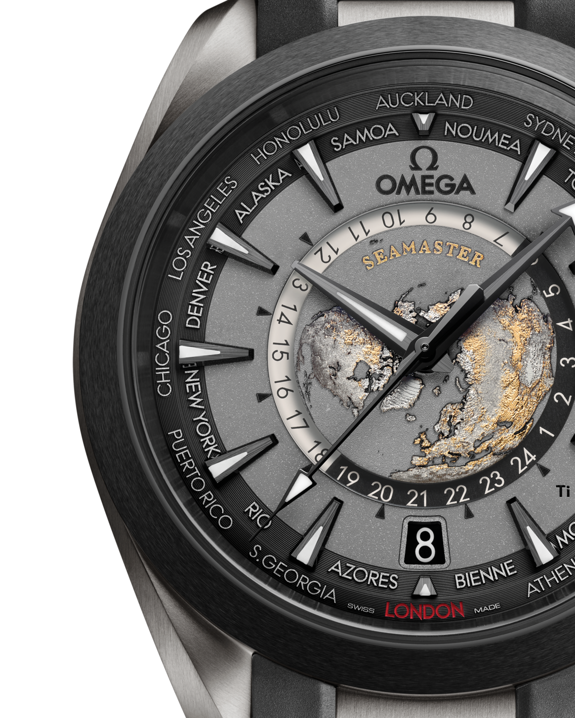 Men's Grey Dial World Time Automatic Watch with Date - Rubber Strap GMT Watch