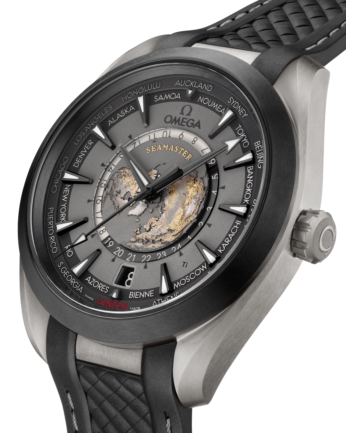 Men's Grey Dial World Time Automatic Watch with Date - Rubber Strap GMT Watch