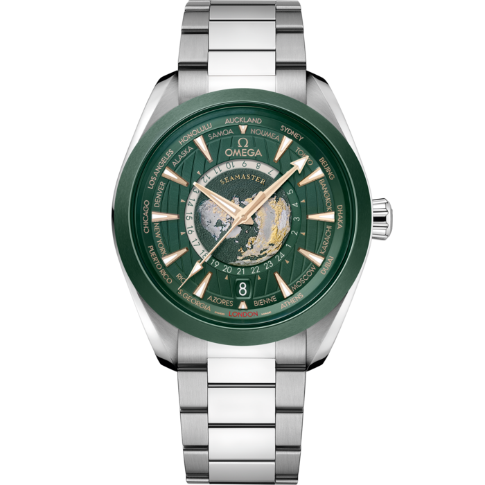 Men's Green Dial World Time Automatic Watch with Date - Stainless Steel Bracelet GMT Watch