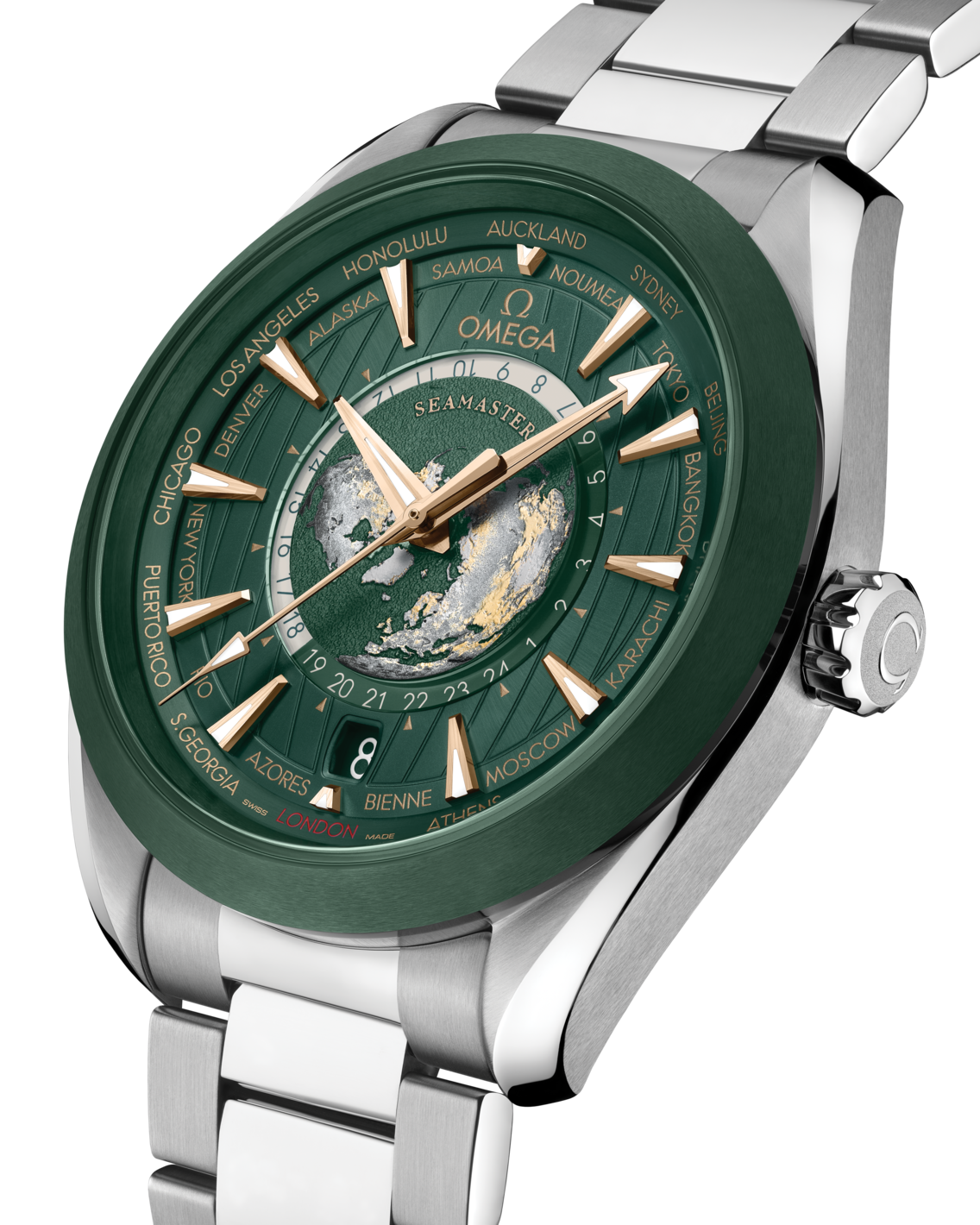 Men's Green Dial World Time Automatic Watch with Date - Stainless Steel Bracelet GMT Watch