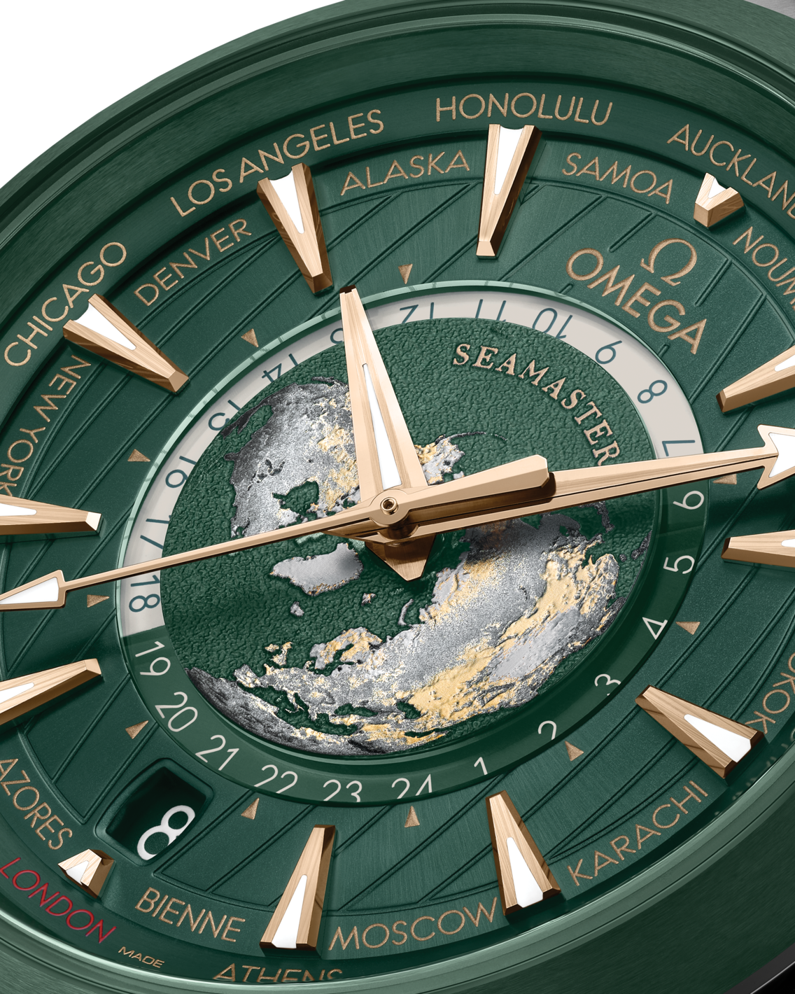 Men's Green Dial World Time Automatic Watch with Date - Stainless Steel Bracelet GMT Watch