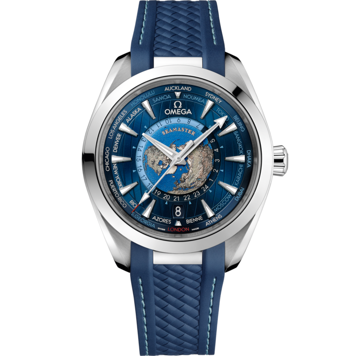 Men's Blue Dial World Time Automatic Watch with Date - Blue Rubber Strap GMT Travel Watch