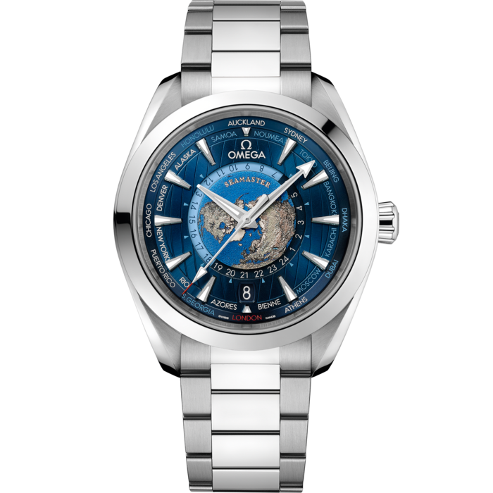 Men's Blue Dial World Time Automatic Watch with Date - Stainless Steel Bracelet GMT Watch