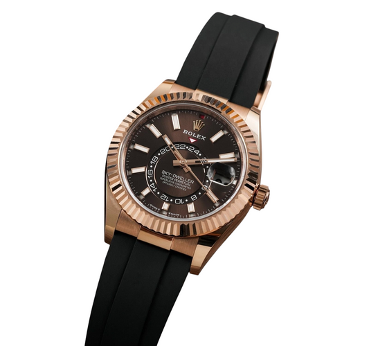 ACCHA TIME men's automatic watch with a rose gold fluted bezel, brown dial, and black silicone strap.