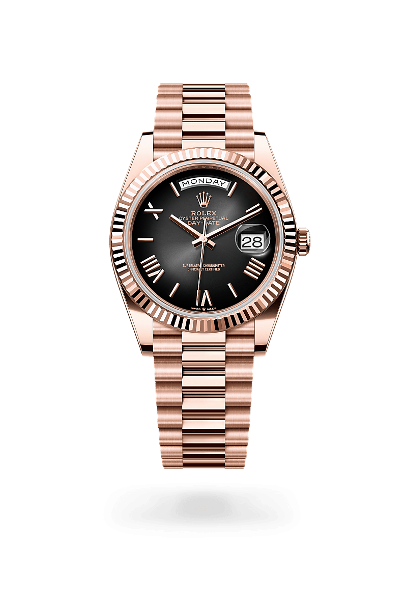 Men's Luxury Rose Gold Quartz Watch with Black Dial - Day & Date Display and President Bracelet