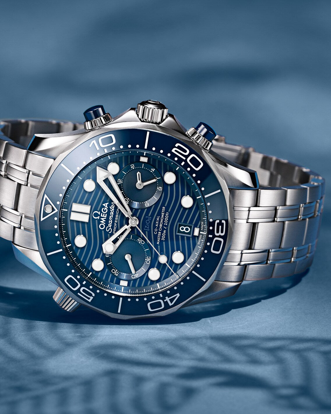Men's Blue Dial Chronograph Diver Watch with Date - Stainless Steel Bracelet - 300M