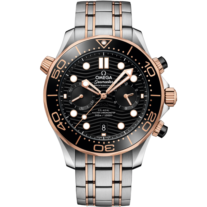 Men's Black Dial Chronograph Diver Watch with Date - Two-Tone Bracelet - Rose Gold Bezel - 300M