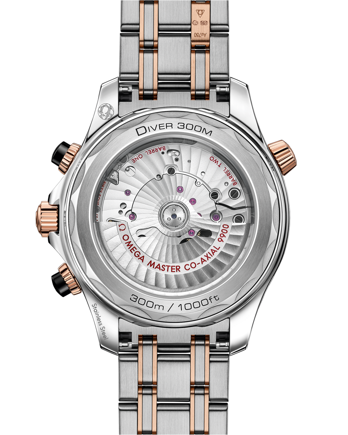 Men's Black Dial Chronograph Diver Watch with Date - Two-Tone Bracelet - Rose Gold Bezel - 300M