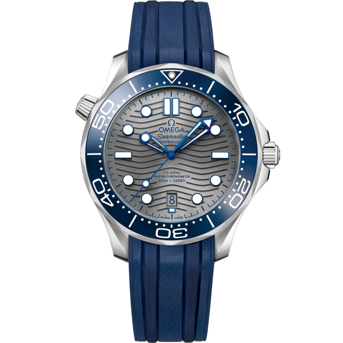 Men's Grey Dial Diver Automatic Watch with Date - Blue Rubber Strap - 300M