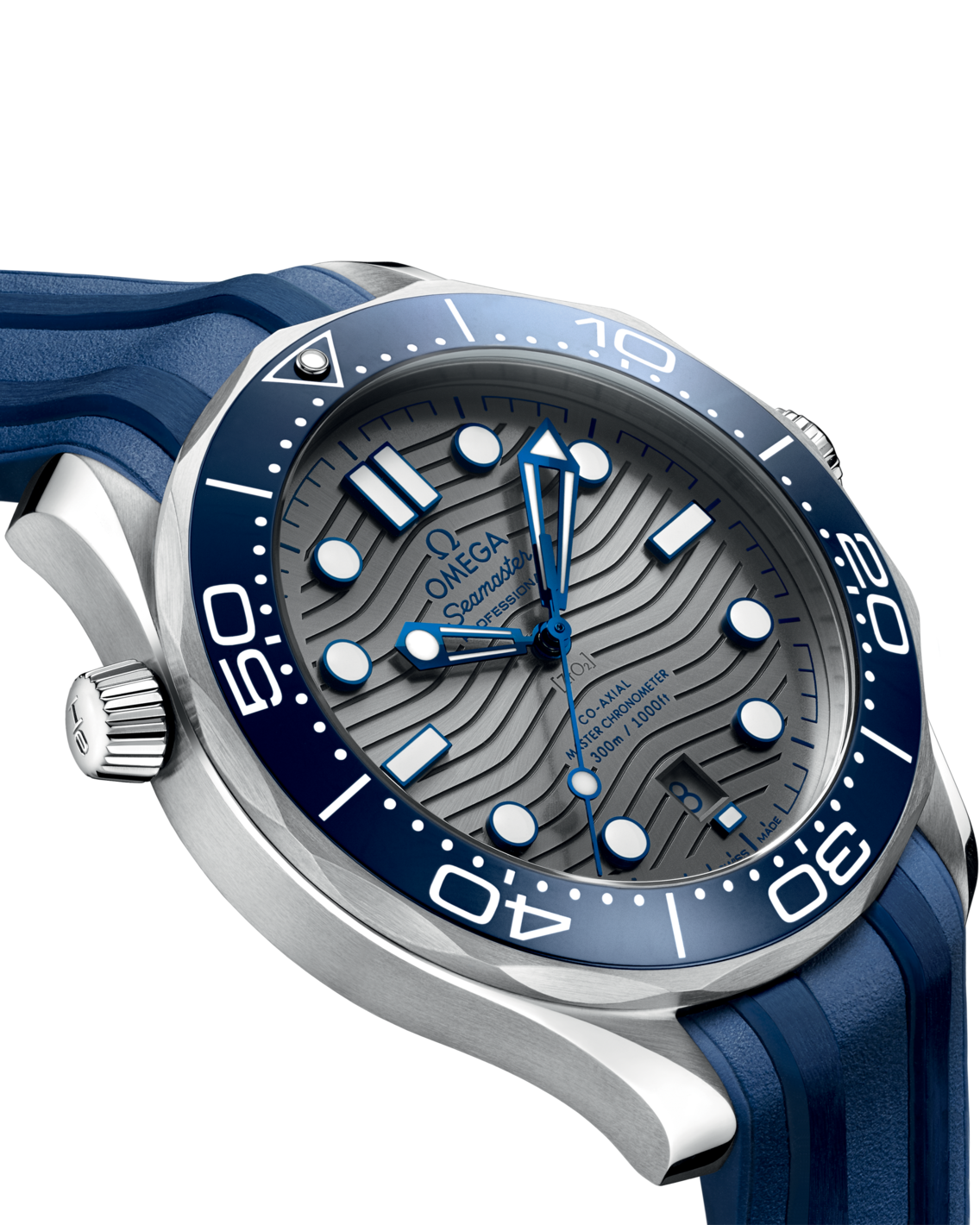 Men's Grey Dial Diver Automatic Watch with Date - Blue Rubber Strap - 300M