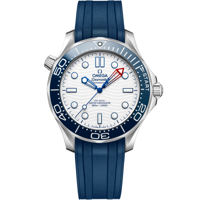 Men's White Dial Diver Automatic Watch with Date - Blue Rubber Strap - 300M Water Resistant