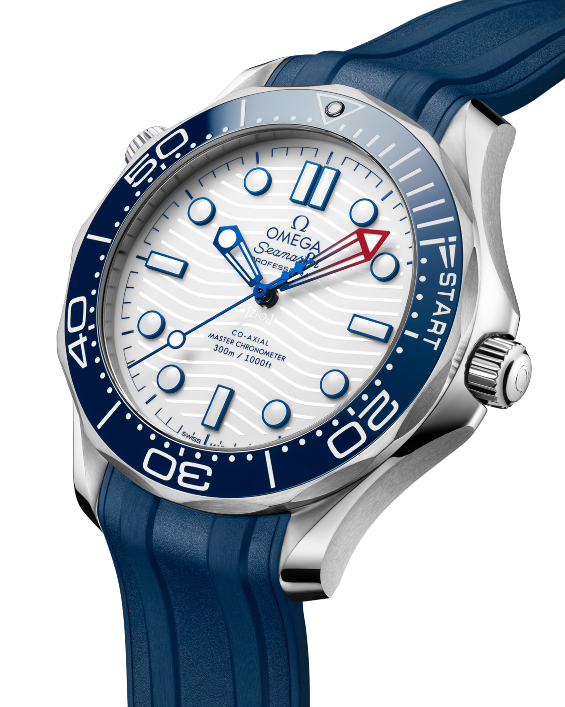 Men's White Dial Diver Automatic Watch with Date - Blue Rubber Strap - 300M Water Resistant