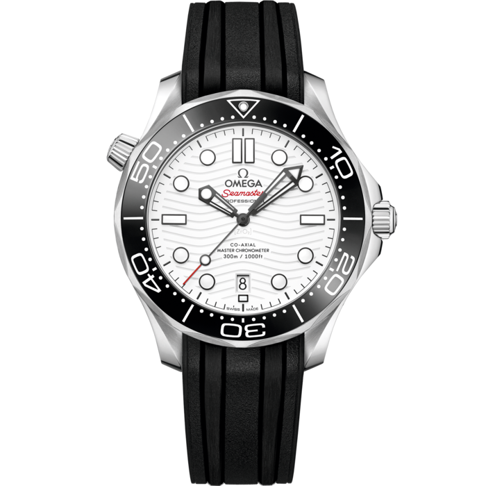 Men's White Dial Diver Automatic Watch with Date - Black Rubber Strap - 300M