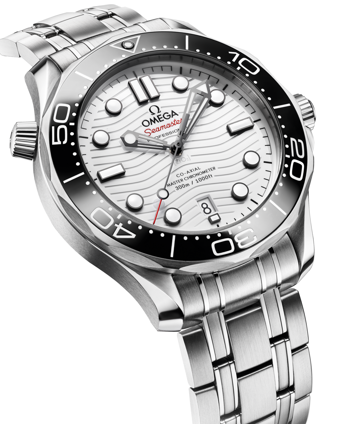 Men's White Dial Diver Automatic Watch with Date - Stainless Steel Bracelet - 300M