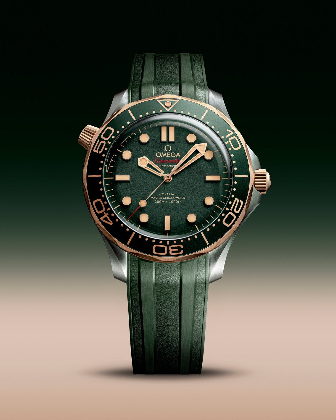 Men's Green Dial Diver Automatic Watch - Green Rubber Strap - Two Tone Bezel - 300M