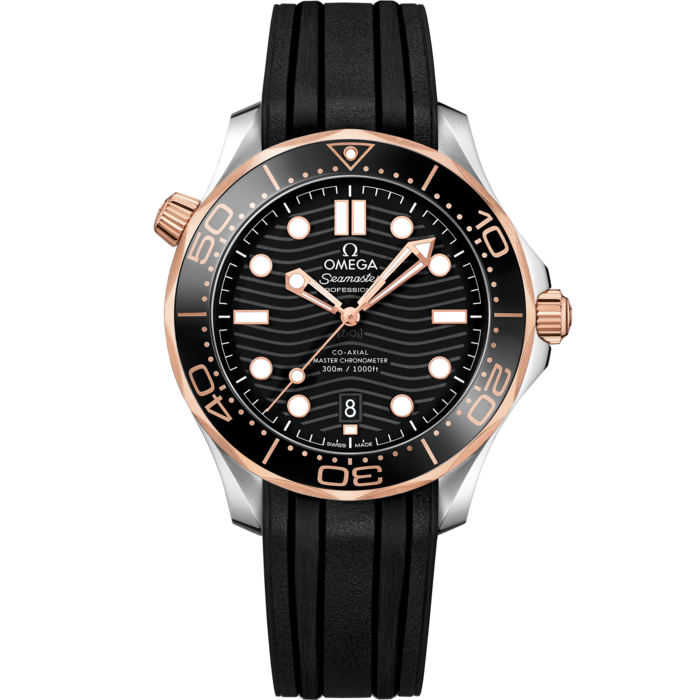 Men's Black Dial Diver Automatic Watch with Date - Black Rubber Strap - Rose Gold Bezel - 300M