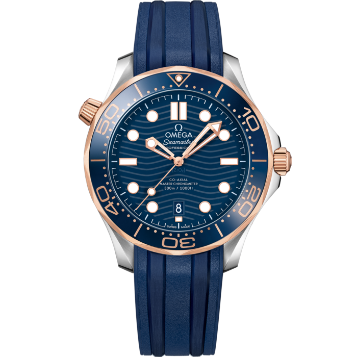 Men's Blue Dial Diver Automatic Watch with Date - Blue Rubber Strap - Rose Gold Bezel - 300M