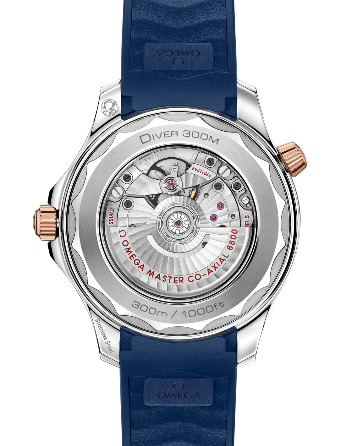 Men's Blue Dial Diver Automatic Watch with Date - Blue Rubber Strap - Rose Gold Bezel - 300M