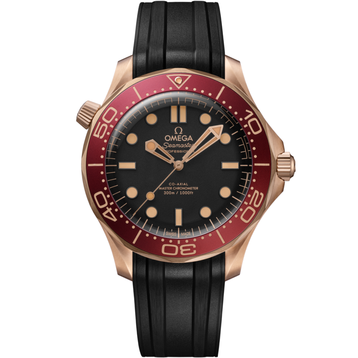 Men's Black Dial Diver Automatic Watch - Burgundy Bezel - Black Rubber Strap - Rose Gold Case - 300M