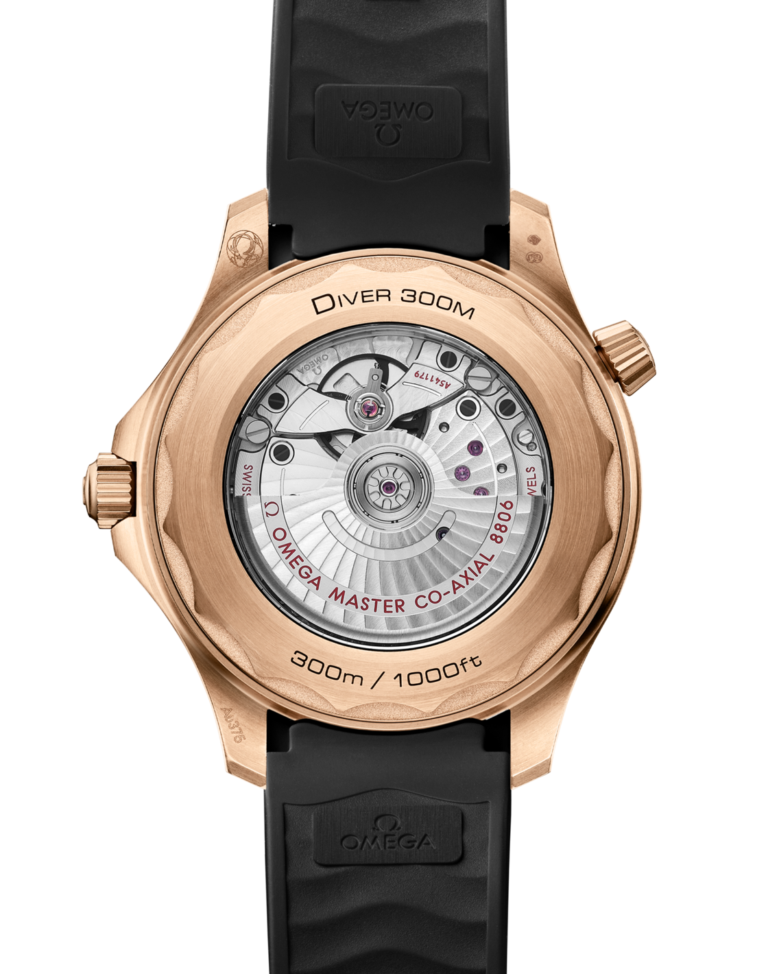 Men's Black Dial Diver Automatic Watch - Burgundy Bezel - Black Rubber Strap - Rose Gold Case - 300M