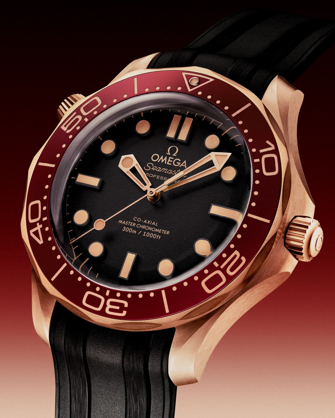 Men's Black Dial Diver Automatic Watch - Burgundy Bezel - Black Rubber Strap - Rose Gold Case - 300M