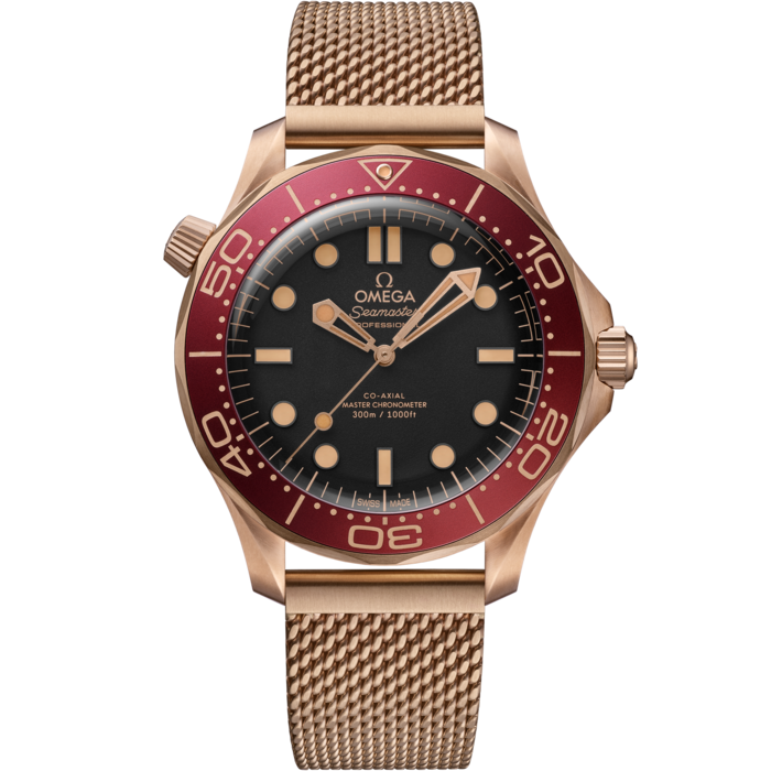 Men's Black Dial Diver Automatic Watch - Burgundy Bezel - Rose Gold Mesh Bracelet - 300M