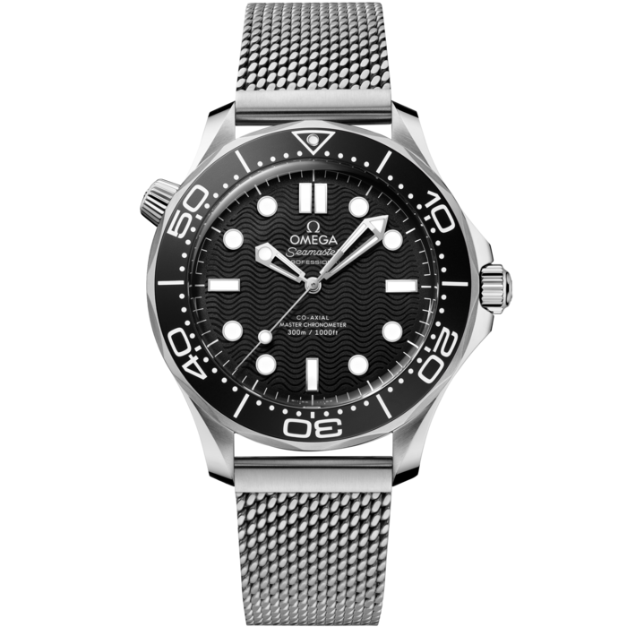 Men's Black Dial Diver Automatic Watch - Stainless Steel Mesh Bracelet - 300M
