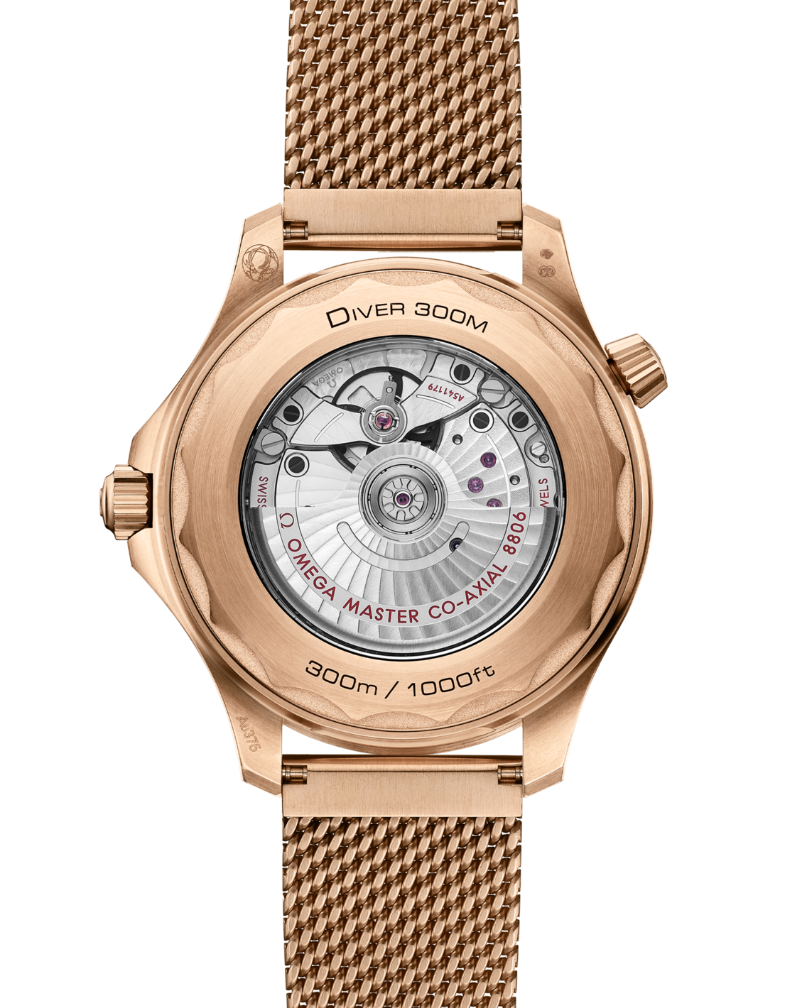 Men's Black Dial Diver Automatic Watch - Burgundy Bezel - Rose Gold Mesh Bracelet - 300M