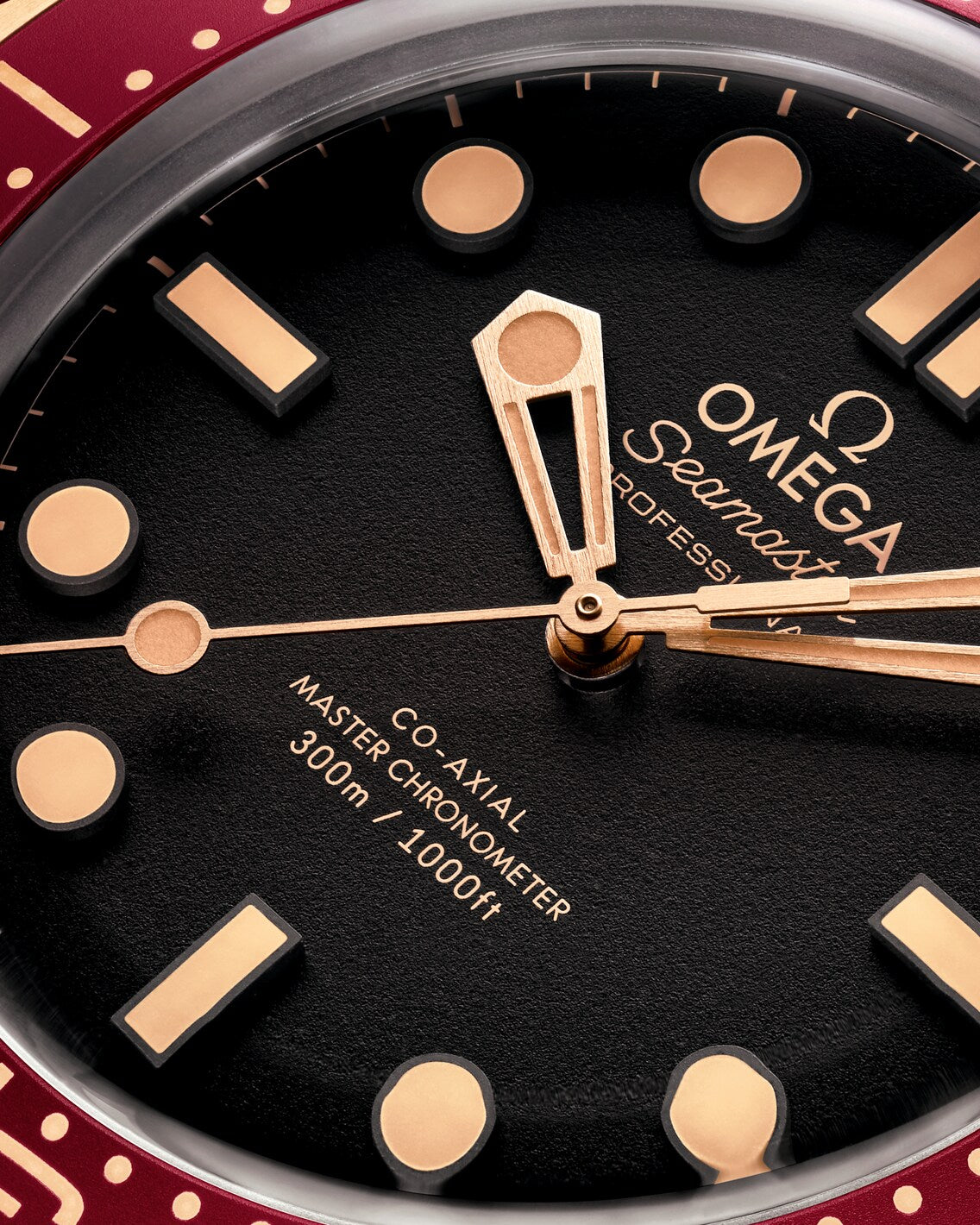 Men's Black Dial Diver Automatic Watch - Burgundy Bezel - Rose Gold Mesh Bracelet - 300M