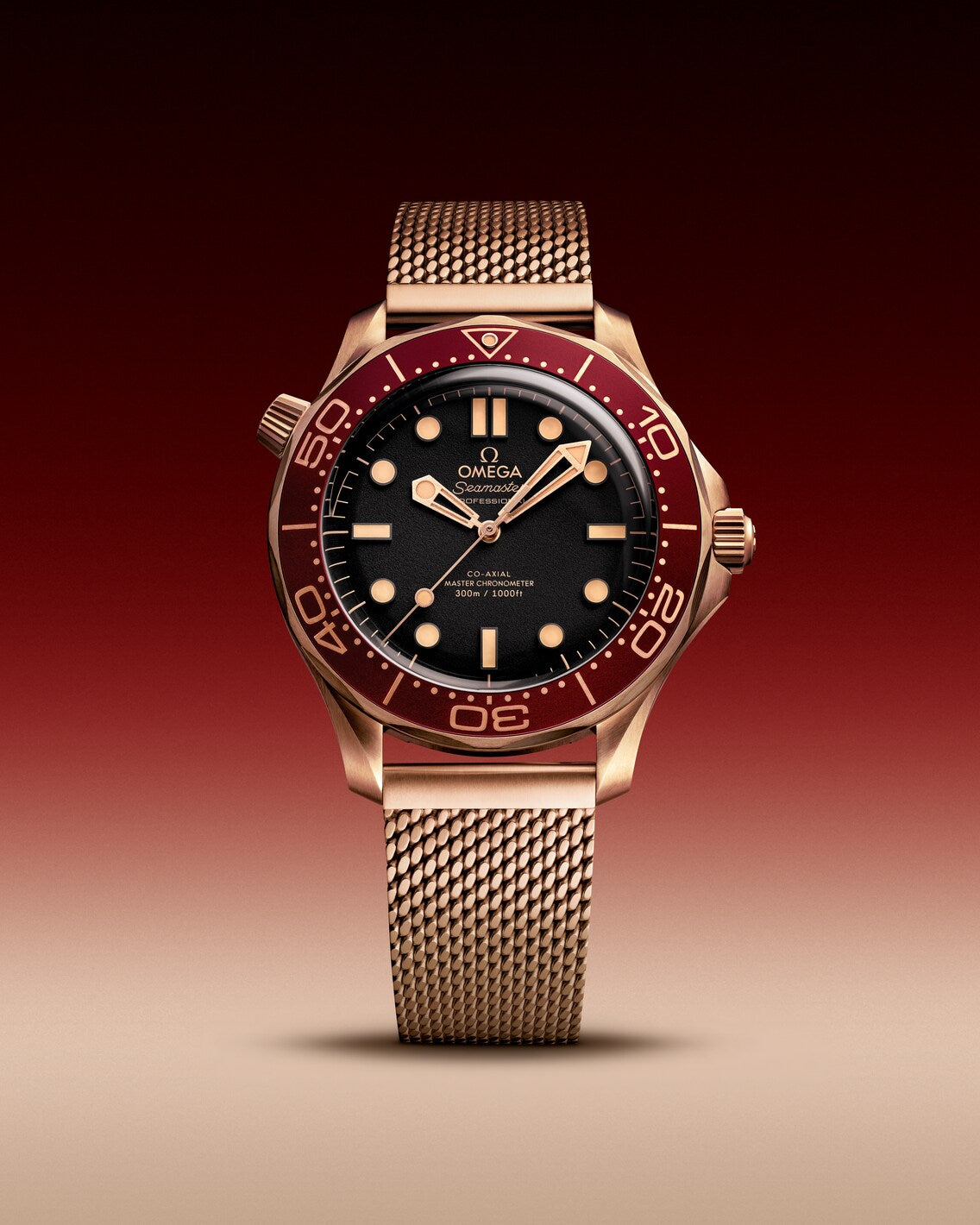 Men's Black Dial Diver Automatic Watch - Burgundy Bezel - Rose Gold Mesh Bracelet - 300M