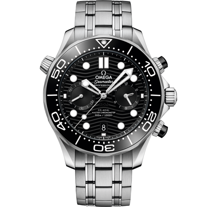 Men's Black Dial Chronograph Diver Watch with Date - Stainless Steel Bracelet - 300M