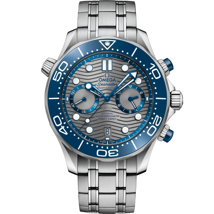 Men's Grey Dial Chronograph Diver Watch with Date - Blue Bezel - Stainless Steel Bracelet - 300M