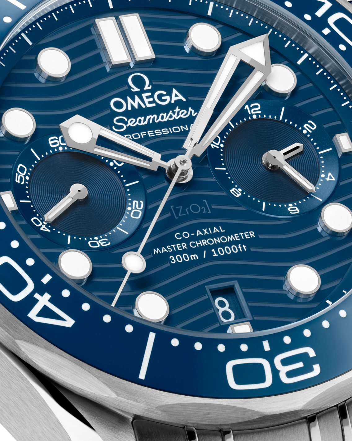 Men's Blue Dial Chronograph Diver Watch with Date - Stainless Steel Bracelet - 300M