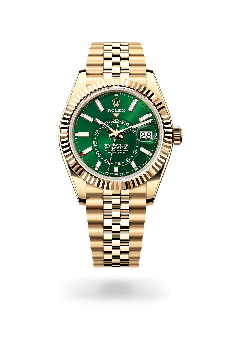 Men's Luxury Gold Quartz Watch with Green Dial - Dual Time, Annual Calendar and Jubilee Bracelet