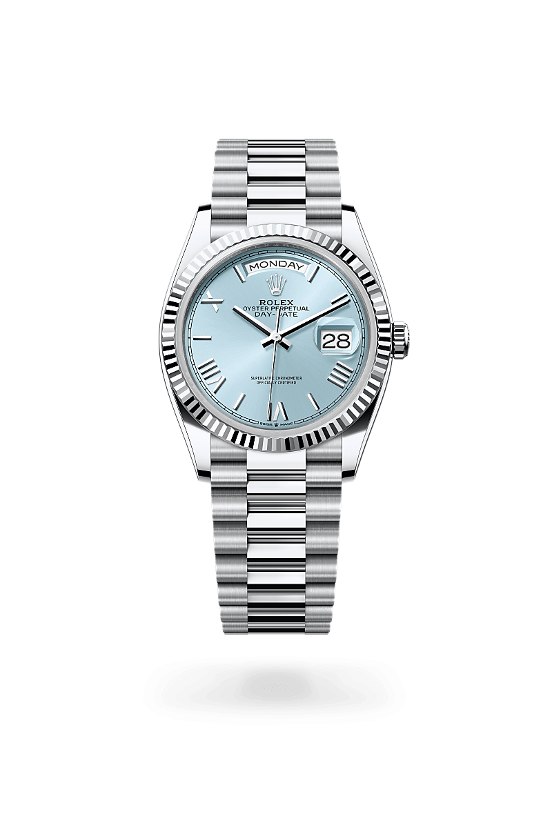 Men's Quartz Watch with Ice Blue Dial - Roman Markers, Day & Date and