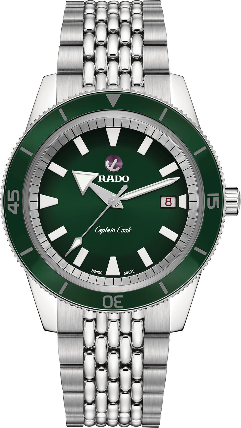 Luxury Automatic Diver Watch - 42mm Stainless Steel - Deep Green Dial with Green Ceramic Bezel - Beads of Rice Bracelet - 300M Swiss Made