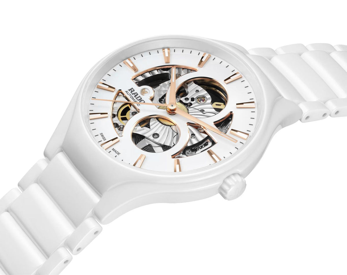 Luxury Open Heart Automatic Watch - White Ceramic - Rose Gold Skeleton Dial - Swiss Made