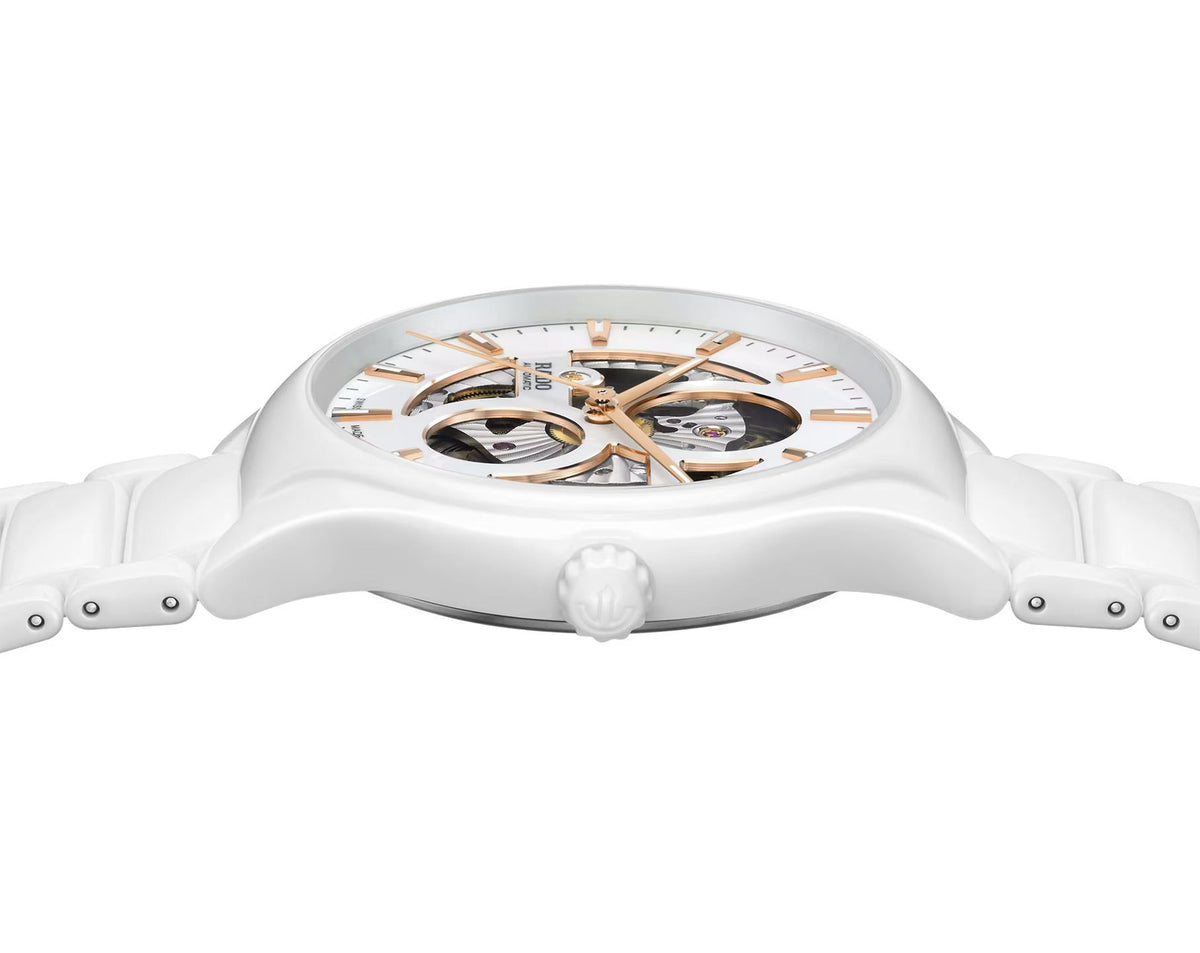 Luxury Open Heart Automatic Watch - White Ceramic - Rose Gold Skeleton Dial - Swiss Made