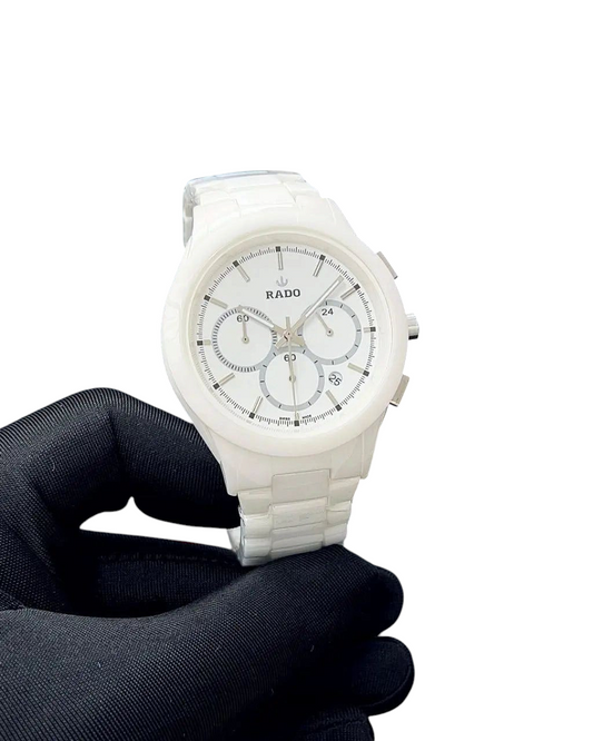 ACCHA TIME Jubilee white ceramic chronograph watch with a matching bracelet and clean white dial.