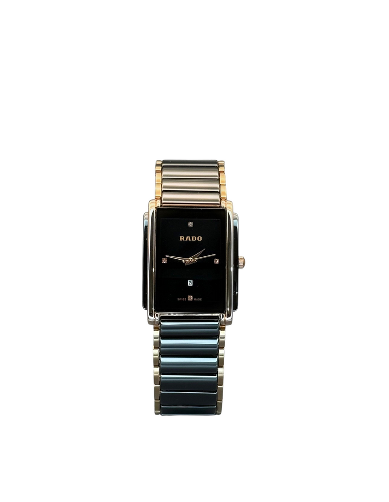 ACCHA TIME rectangular two-tone watch with a black dial, diamond markers, and ceramic and gold-tone stainless links.