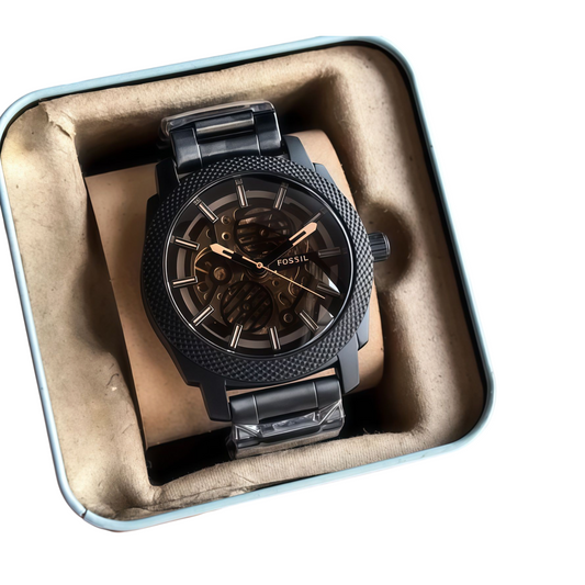 ACCHA TIME black skeleton automatic watch with stainless steel link bracelet and textured bezel in a display box