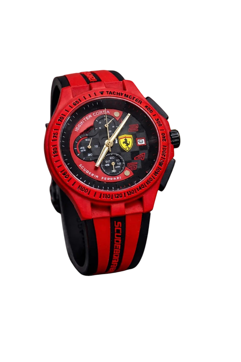 ACCHA TIME Scuderia Ferrari red chronograph watch with black carbon fiber dial, tachymeter bezel, and rubber strap.