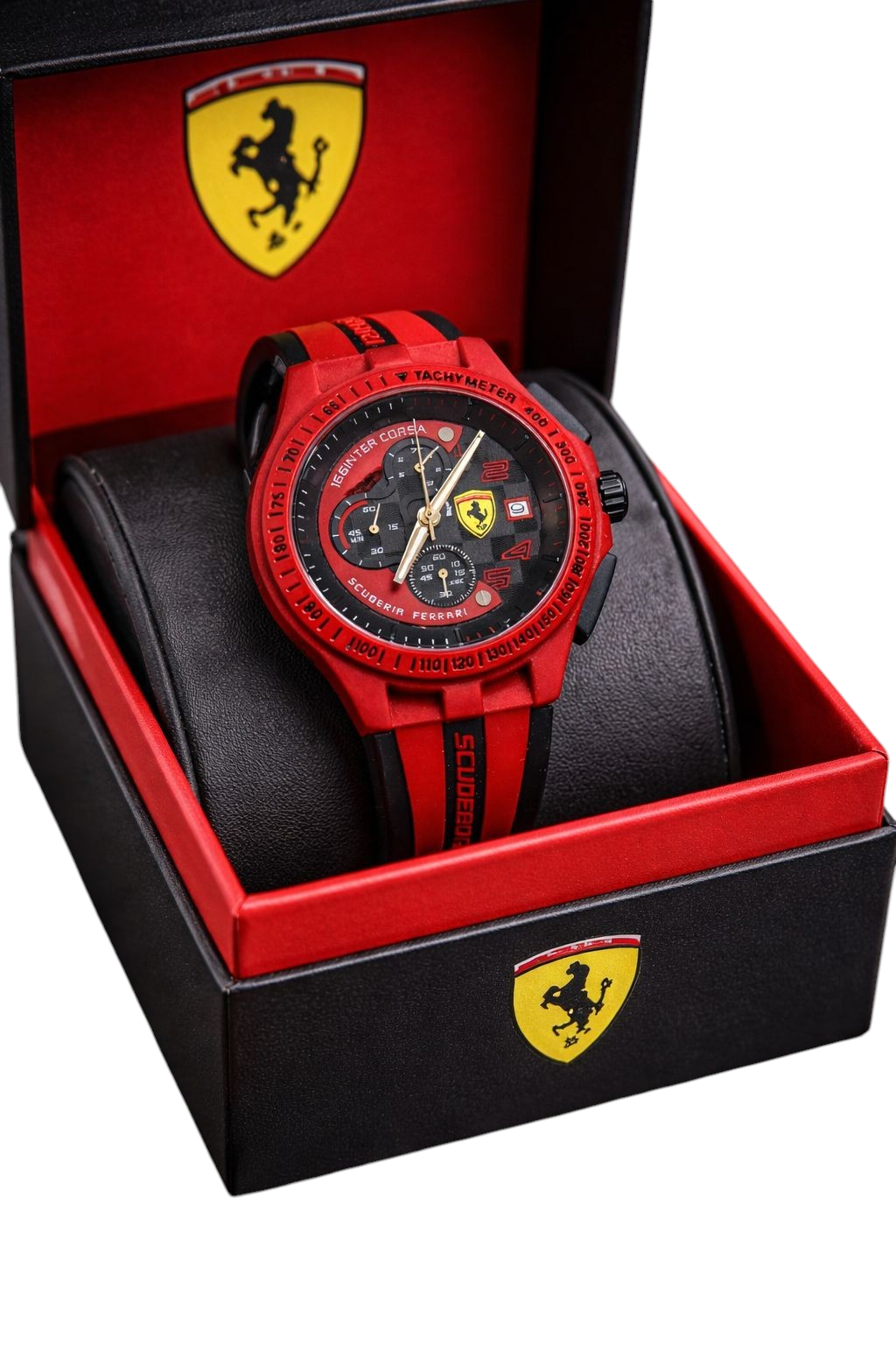 ACCHA TIME Scuderia Ferrari red chronograph watch with black carbon fiber dial and rubber strap in branded gift box
