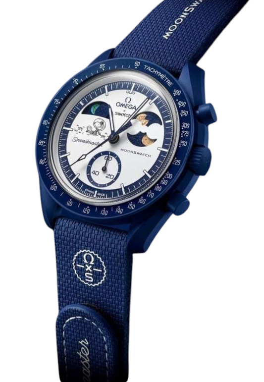 ACCHA TIME Bioceramic MoonSwatch Mission to Earthphase chronograph watch in blue with a moon phase display