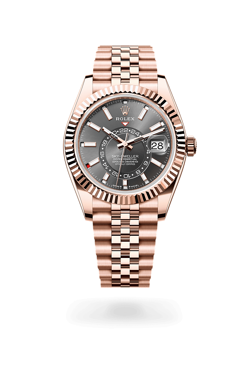 Men's Luxury Rose Gold Quartz Watch with Slate Grey Dial - Dual Time, Annual Calendar and Jubilee Bracelet