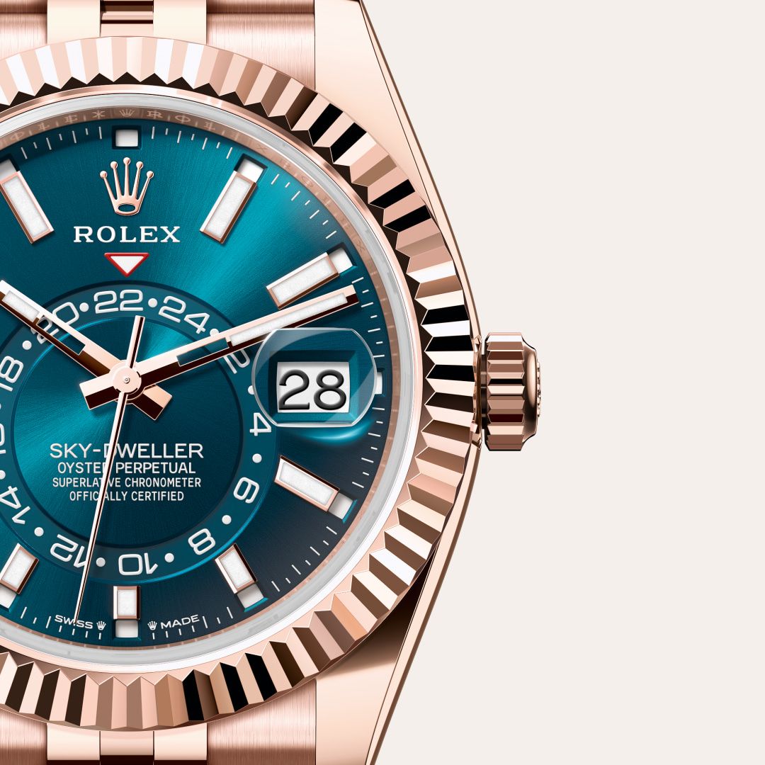 Men's Luxury Rose Gold Quartz Watch with Teal Blue Dial - Dual Time, Annual Calendar and Jubilee Bracelet