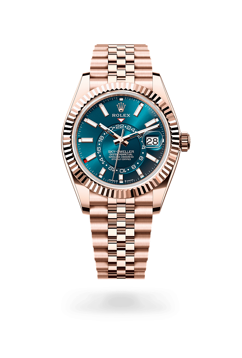 Men's Luxury Rose Gold Quartz Watch with Teal Blue Dial - Dual Time, Annual Calendar and Jubilee Bracelet